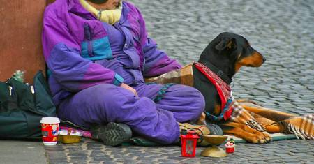 Eien Person sitzt mit ihrem Hund und wenigen Besitztümern am Straßenrand und hofft auf Almosen.