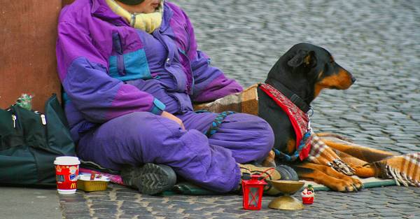 Eien Person sitzt mit ihrem Hund und wenigen Besitztümern am Straßenrand und hofft auf Almosen.